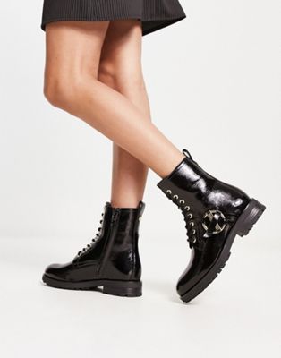 Love Moschino lace up buckle boots in black