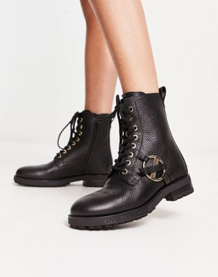 Love Moschino lace up buckle logo boots in black - ASOS Price Checker