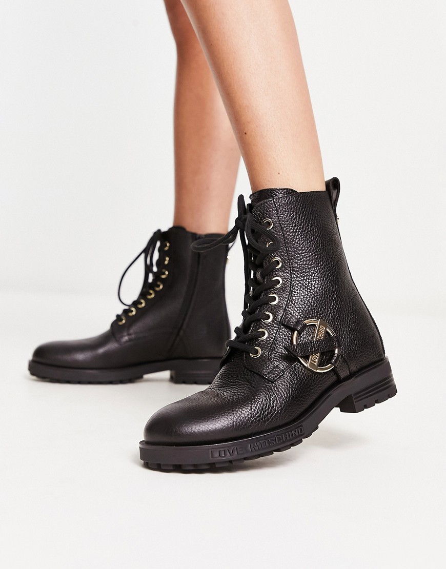 Love Moschino lace up buckle logo boots in black