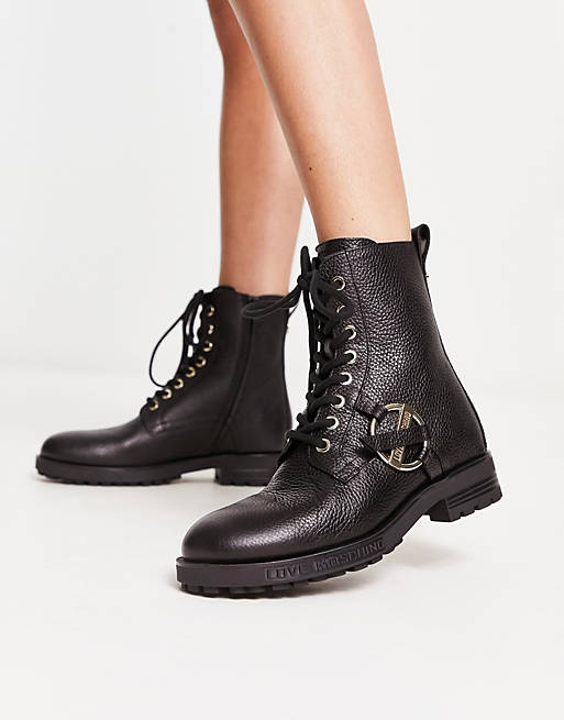 Love Moschino lace up buckle logo boots in black | ASOS