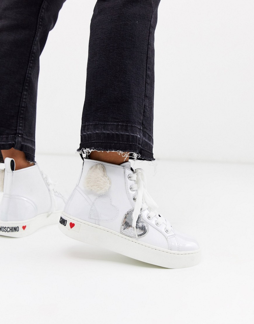 Love Moschino lace up hi top trainers-Silver