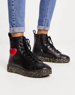 Love Moschino lace up trainers with heart in black