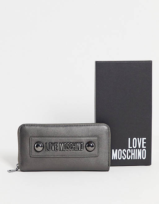 Love Moschino large purse with dome studs in gunmetal