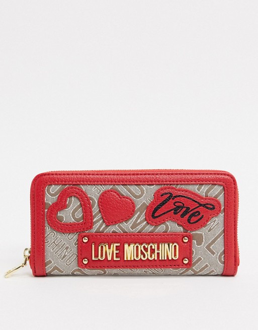 Love Moschino large purse with patches in logo jacquard