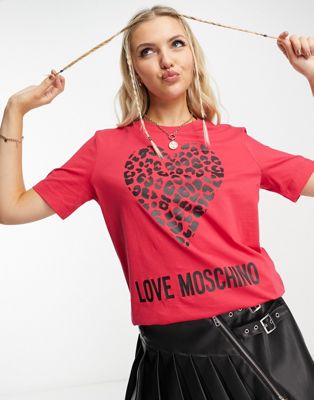 Love Moschino leopard logo heart t-shirt in red