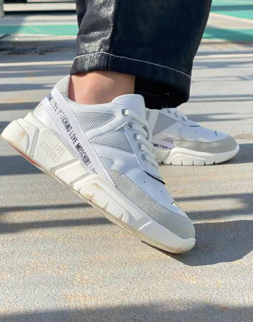 Love Moschino logo and panel sneakers in white and silver | ASOS