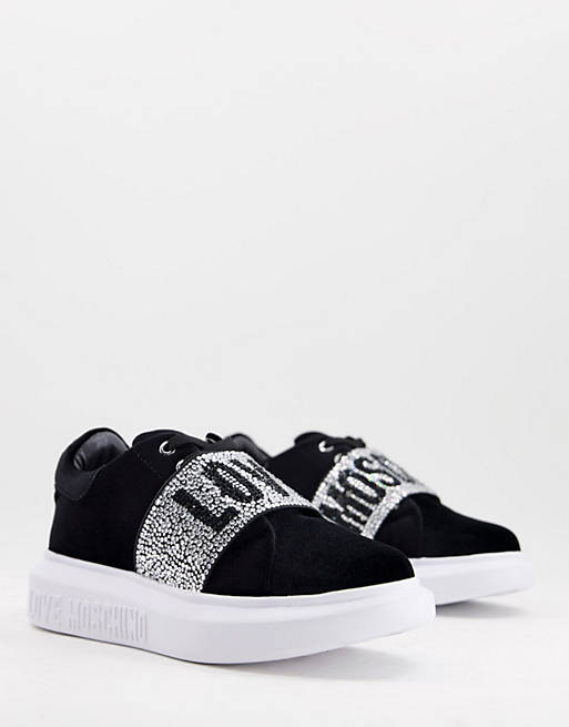  Trainers/Love Moschino logo band lace up trainers in black velvet 