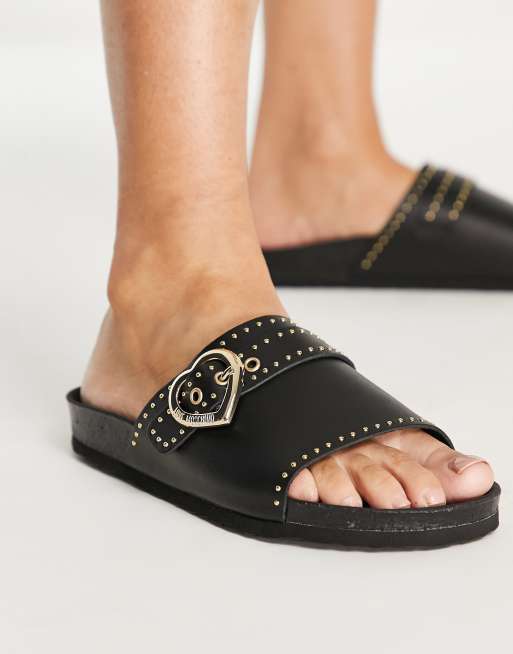 Moschino black discount and gold sliders