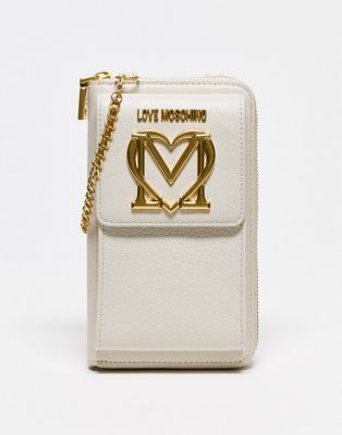 Love Moschino logo coin purse with chain detail in neutral