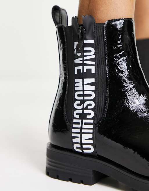 Moschino patent discount logo combat boots