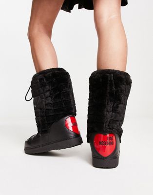 Love Moschino logo detail faux fur patterned snowboots in black