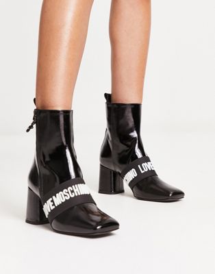 Love Moschino logo detail heeled boots in black leather - ASOS Price Checker