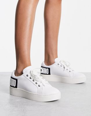 Love Moschino logo detail lace up trainers in white - ASOS Price Checker