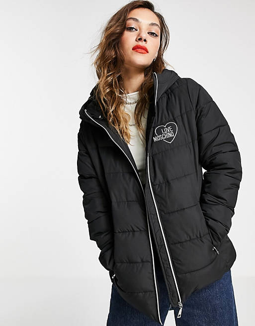 Love Moschino logo front hooded quilted jacket in black | ASOS