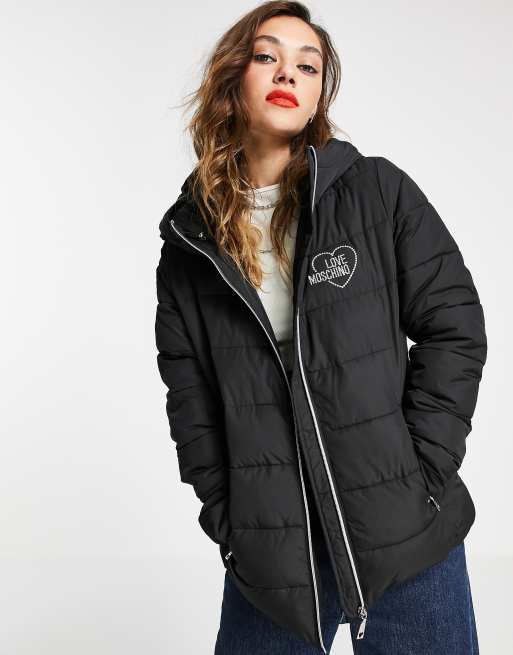 Love Moschino logo front hooded quilted jacket in black