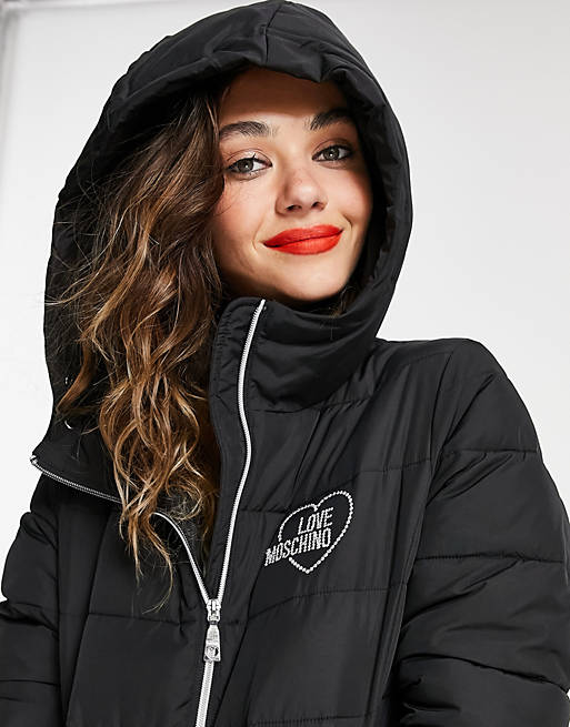 Love Moschino logo front hooded quilted jacket in black | ASOS