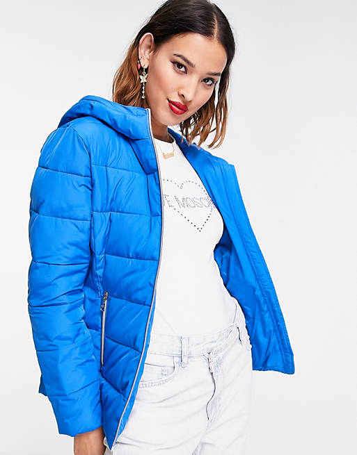 Love Moschino logo front hooded quilted jacket in blue