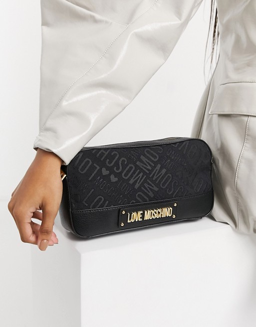 Love Moschino logo jacquard camera bag in black