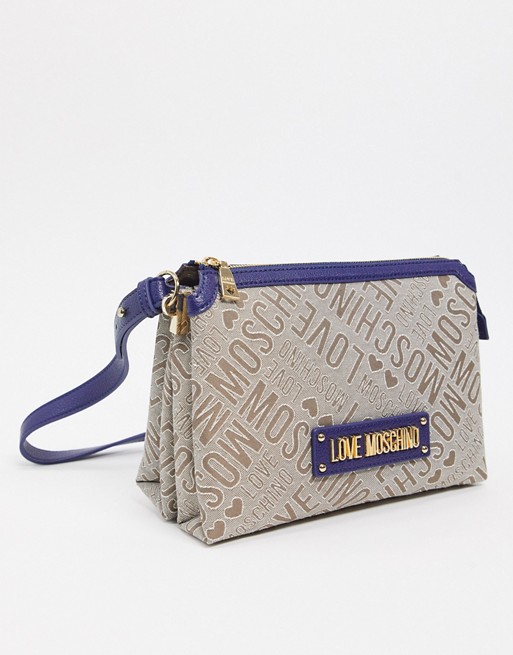 Love Moschino logo jacquard cross body pouch bag in ivory