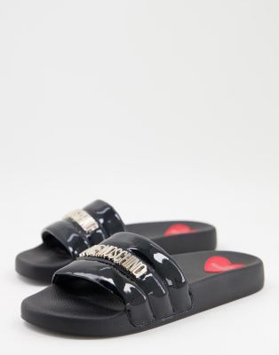 Love Moschino logo padded sliders in black ASOS