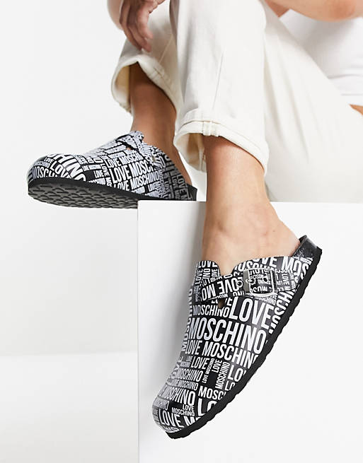 Love Moschino logo print clogs in black and white | ASOS