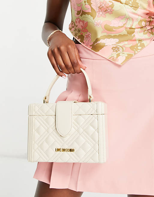 Love Moschino logo quilted top handle bag in ivory
