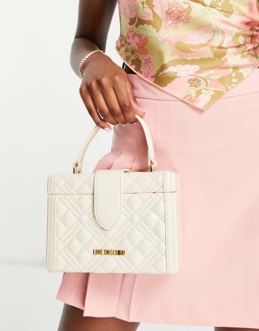 Love Moschino logo quilted top handle bag in ivory