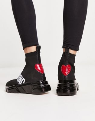 Love Moschino logo slip on knitted trainers in black and white