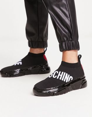 Love Moschino logo slip on low ankle knitted sneakers in black - ASOS Price Checker