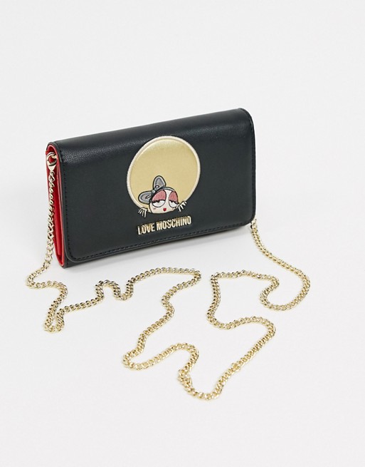 Love Moschino look at me purse bag with chain strap in black