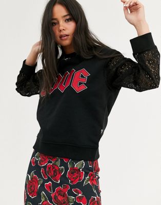 Love Moschino – Love – Sweatshirt med logga och ärmar i spets-Svart