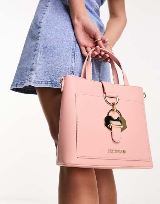Love Moschino - Lyserød håndtaske med hank øverst og hjerteformet lås