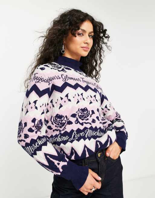 Love Moschino - Maglione blu multicolore con motivo parigino