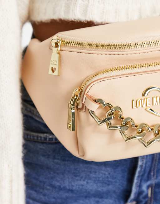 Love Moschino Marsupio colore neutro con catenina con maglie a cuore e logo ASOS