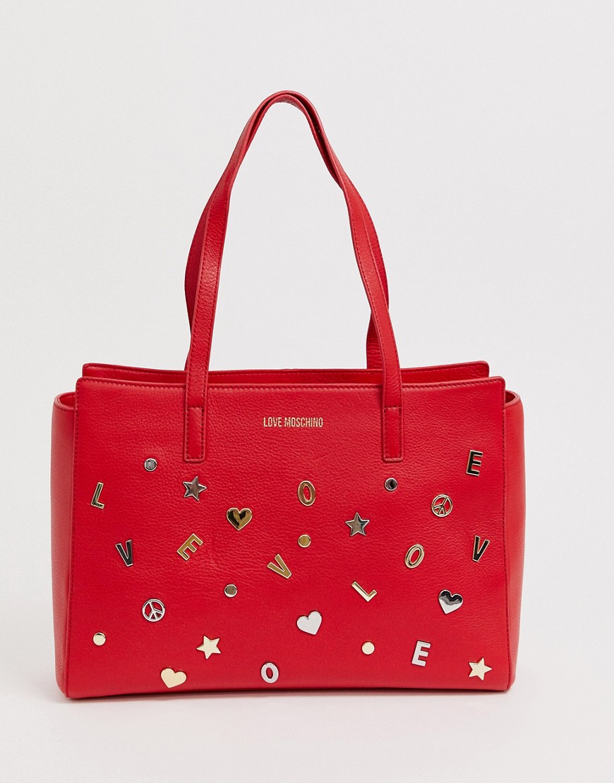 Love Moschino - Maxi borsa in ecopelle con ciondolo e borchie-Rosso