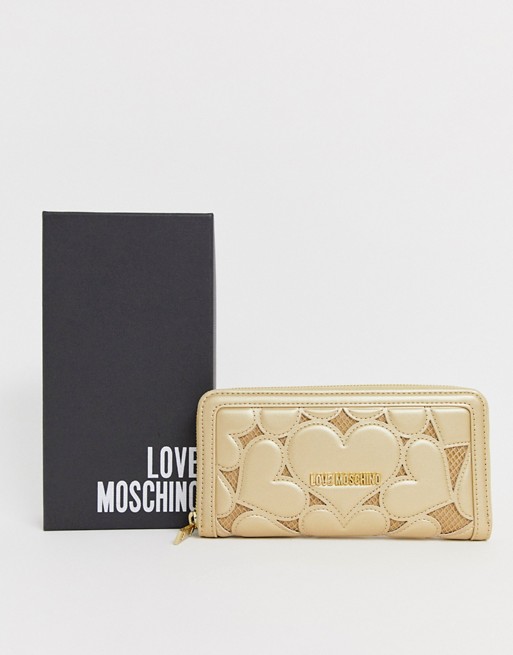 Love Moschino metallic heart embossed faux leather large zip purse
