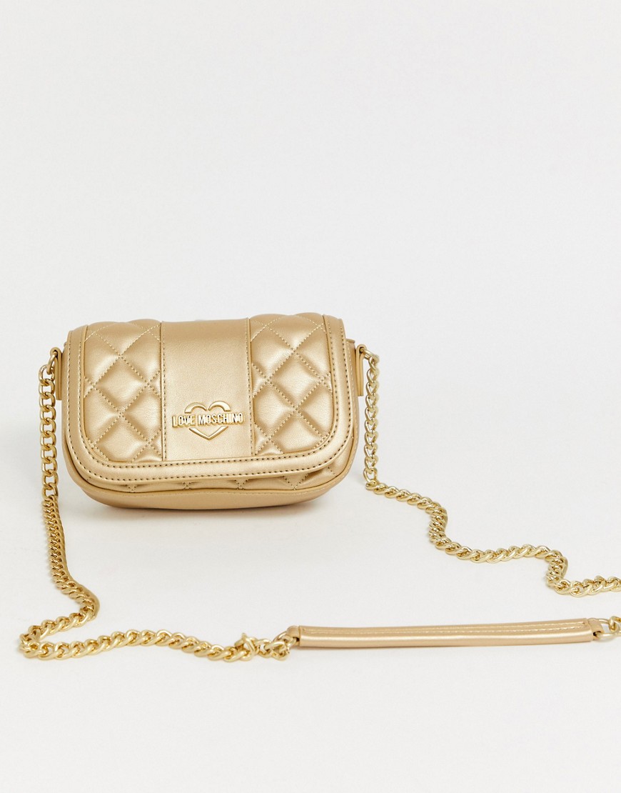 Love Moschino metallic quited faux leather cross body bag-Gold