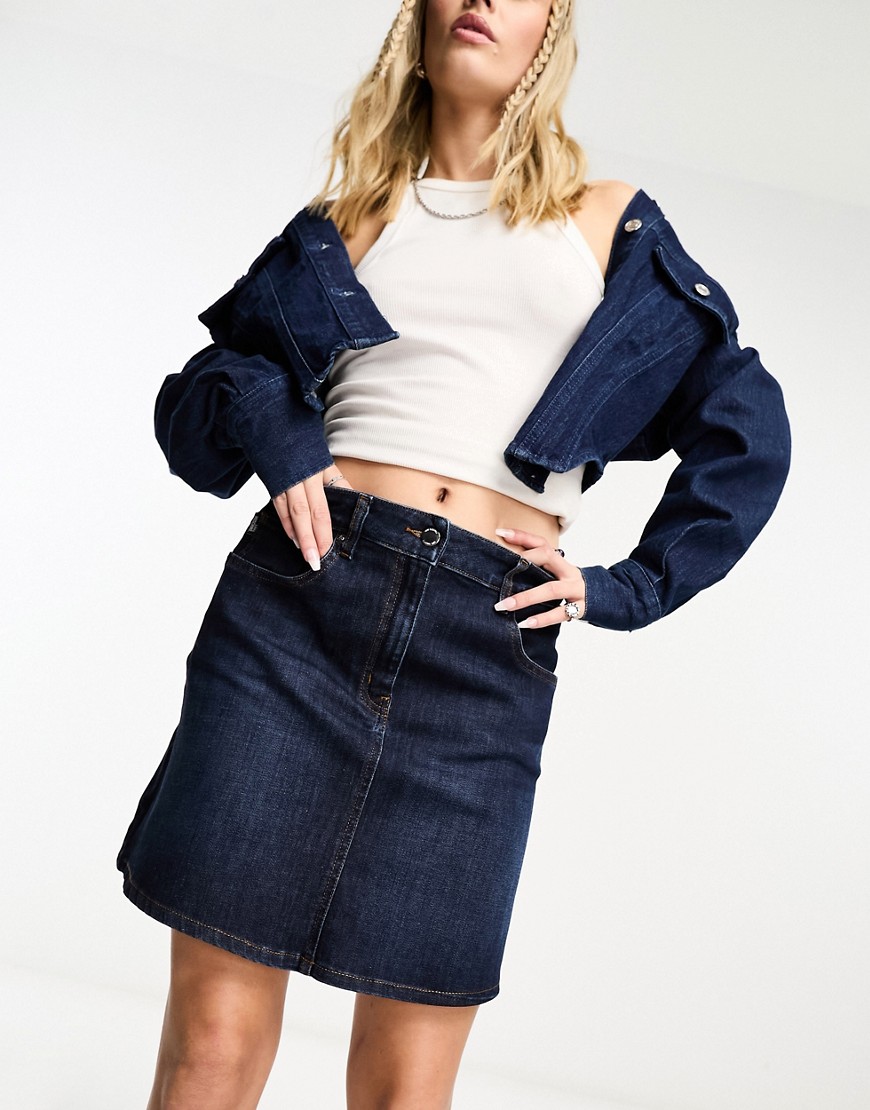 Love Moschino mini denim skirt with heart pocket detail in dark blue-Navy