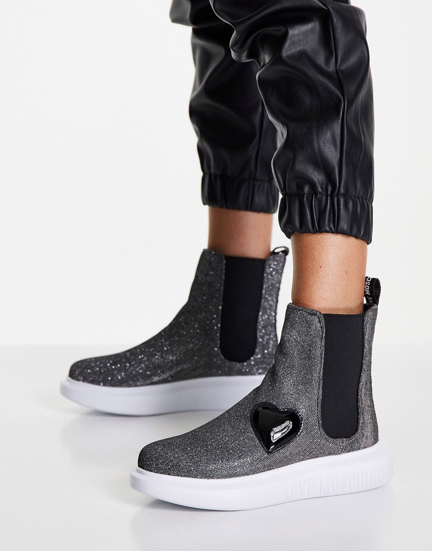 Love Moschino minimal high ankle chelsea boots in steel-Silver