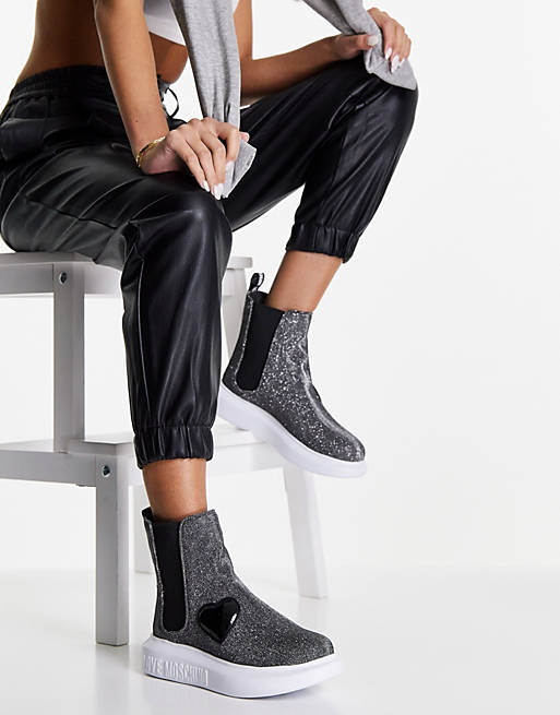 Designer Brands Love Moschino minimal high ankle chelsea boots in steel 