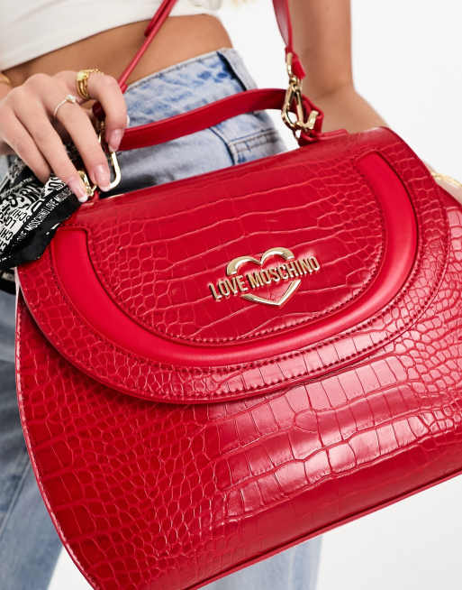 Love Moschino mock croc top handle bag with scarf charm in red, 4 of 4