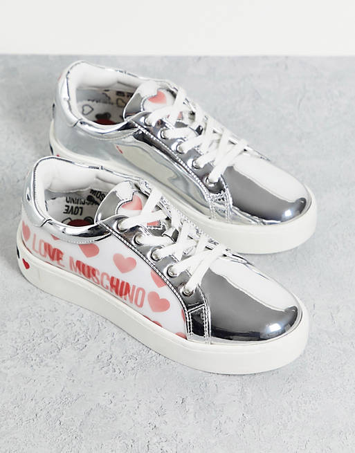 Love Moschino multi heart print sneakers in silver white and red