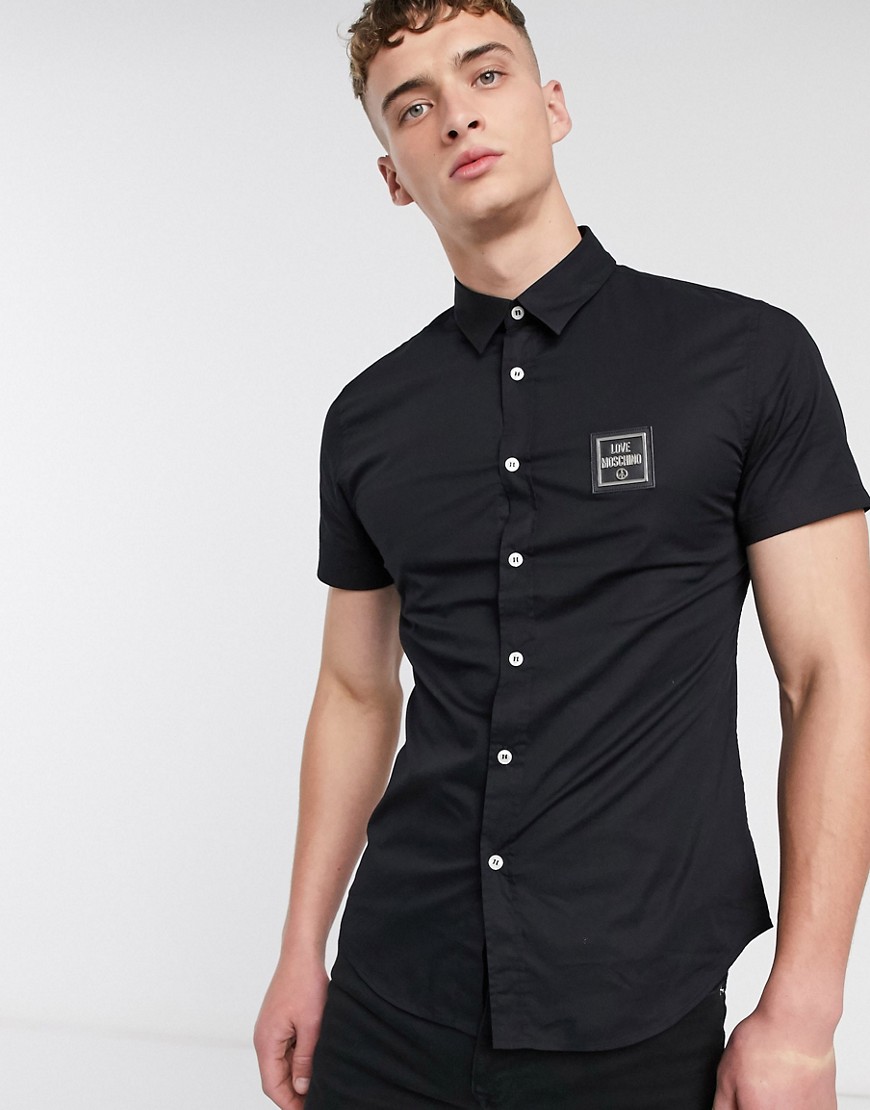 Love Moschino - Overhemd met korte mouwen en logoplaatje-Zwart