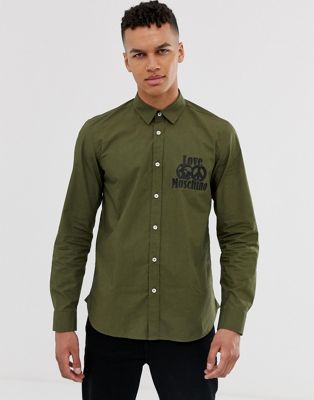 Love Moschino - Overhemd met lange mouwen in khaki met logo-Groen