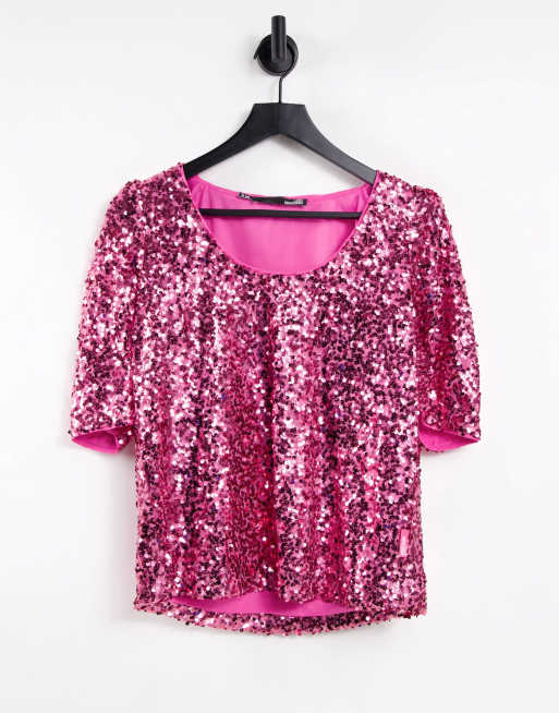 Love Moschino – Paillettenbluse in Rosa mit weiten Ärmeln