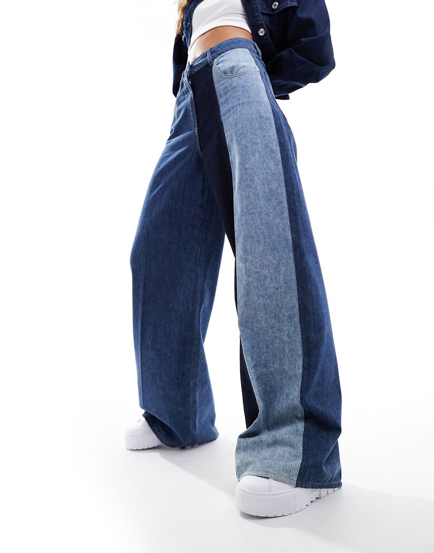 Love Moschino panelled high waisted wide leg jeans in blue