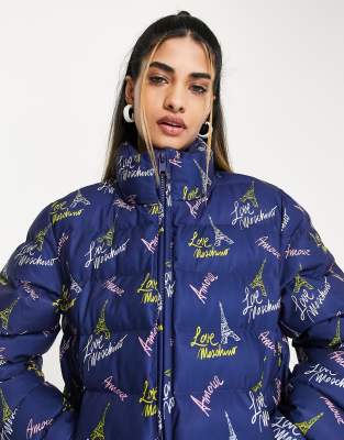 Love Moschino Paris logo padded jacket in blue