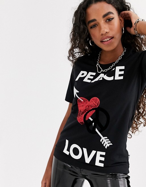 Love Moschino peace and love sequin print t-shirt