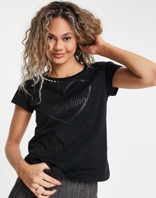 Love Moschino pearl trim glitter logo t-shirt in black