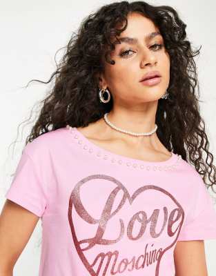 Love Moschino pearl trim glitter logo t-shirt in pink